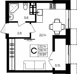 Планировка — Семисчастье, Студия, 29 м²