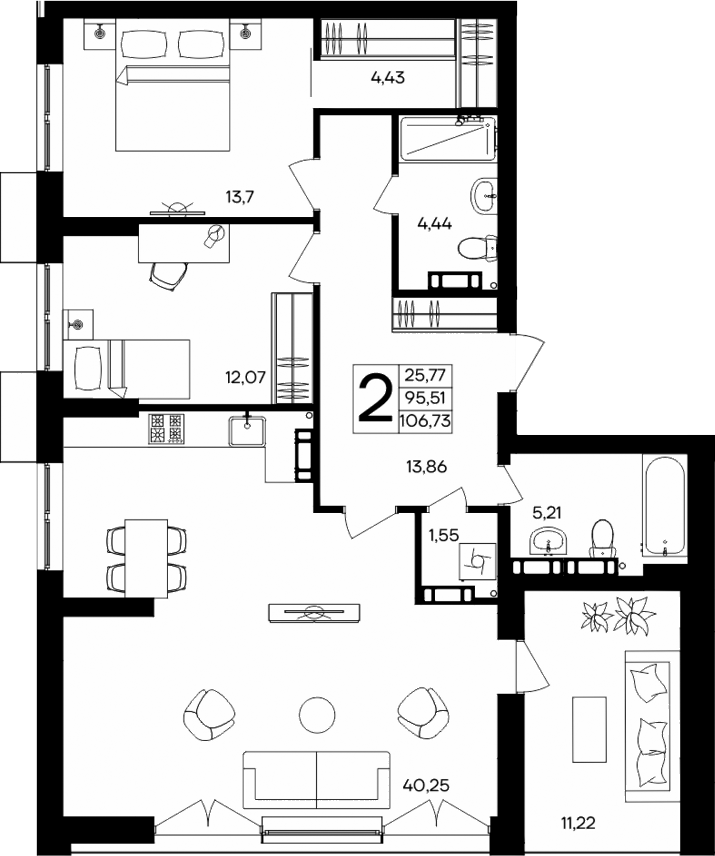 Планировка — Семисчастье, 2-комн., 96 м²