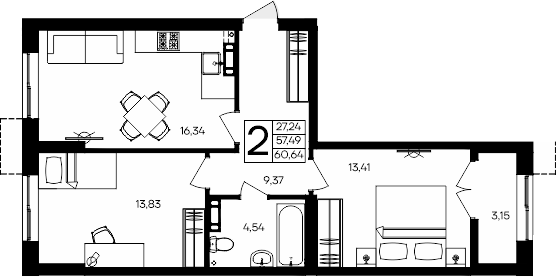 Планировка — Семисчастье, 2-комн., 57 м²