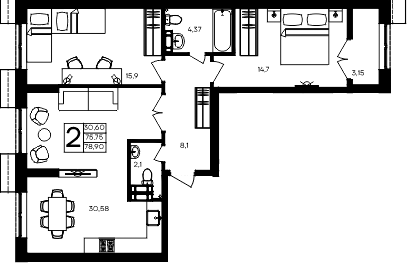 Планировка — Семисчастье, 2-комн., 76 м²