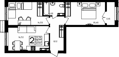 Планировка — Семисчастье, 2-комн., 59 м²