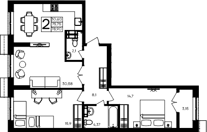 Планировка — Семисчастье, 2-комн., 76 м²