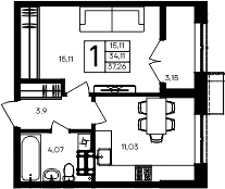 Планировка — Семисчастье, 1-комн., 34 м²