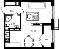 Планировка — Семисчастье, Студия, 34 м²