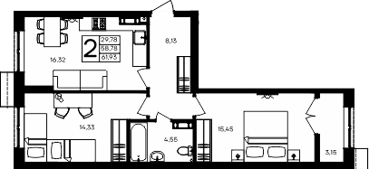 Планировка — Семисчастье, 2-комн., 59 м²