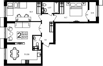 Планировка — Семисчастье, 2-комн., 76 м²