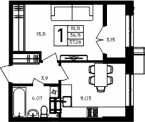 Планировка — Семисчастье, 1-комн., 34 м²