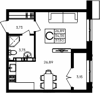 Планировка — Семисчастье, Студия, 34 м²