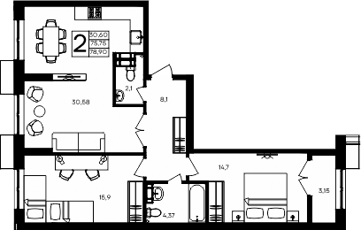 Планировка — Семисчастье, 2-комн., 76 м²
