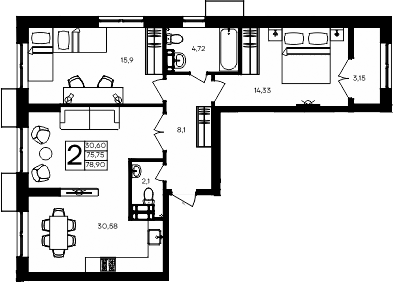 Планировка — Семисчастье, 2-комн., 76 м²