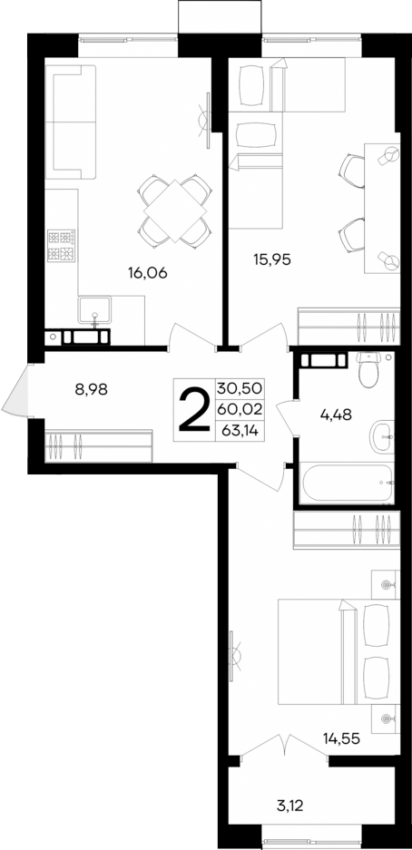 Планировка — Семисчастье, 2-комн., 60 м²