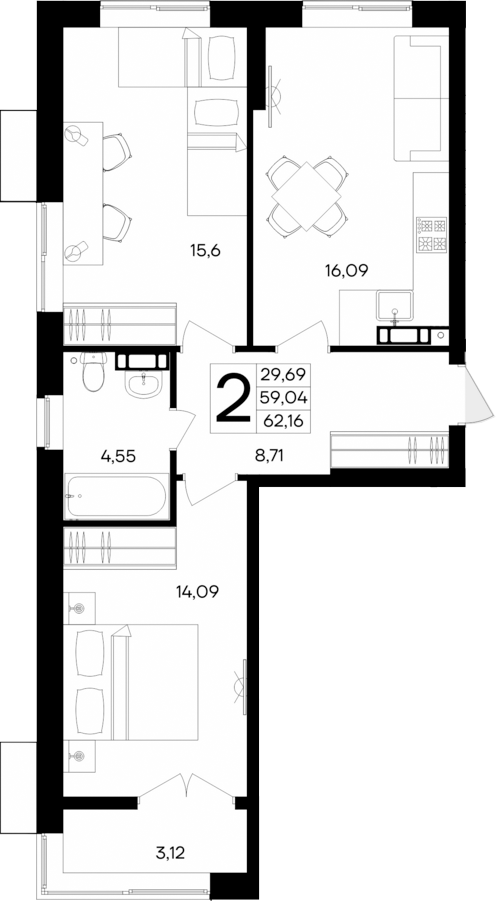 Планировка — Семисчастье, 2-комн., 59 м²