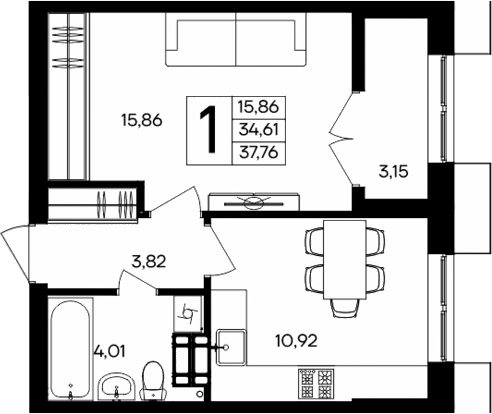 Планировка — Семисчастье, 1-комн., 35 м²