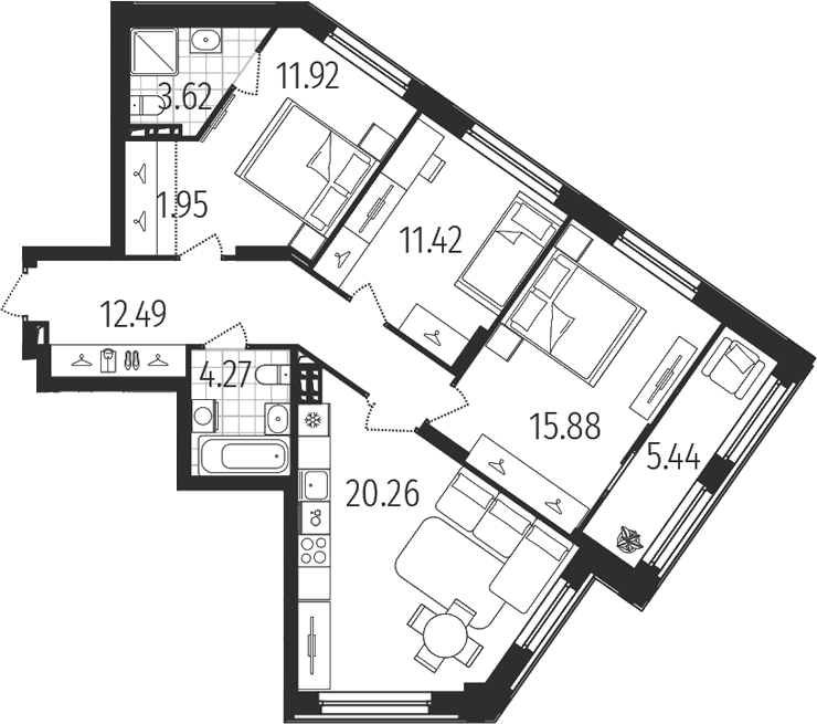Планировка — Динамика, 3-комн., 82 м²