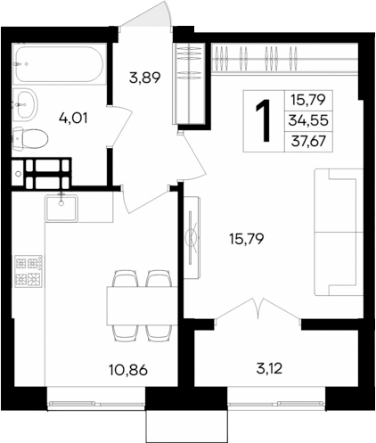 Планировка — Семисчастье, 1-комн., 35 м²