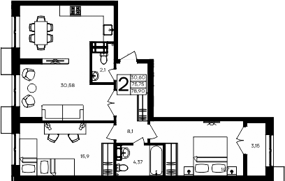 Планировка — Семисчастье, 2-комн., 76 м²