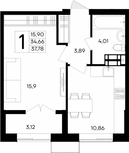 Планировка — Семисчастье, 1-комн., 35 м²