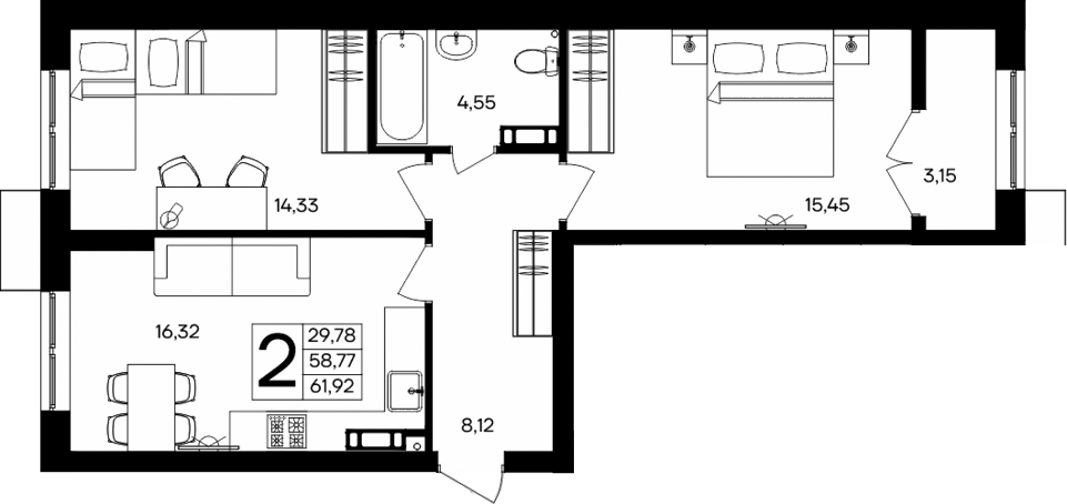 Планировка — Семисчастье, 2-комн., 59 м²