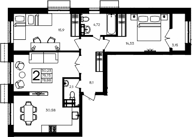 Планировка — Семисчастье, 2-комн., 76 м²