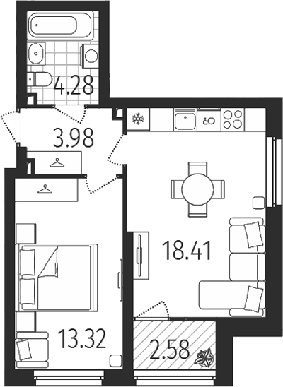 Планировка — Динамика, 1-комн., 40 м²