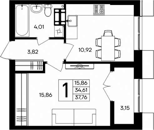 Планировка — Семисчастье, 1-комн., 35 м²