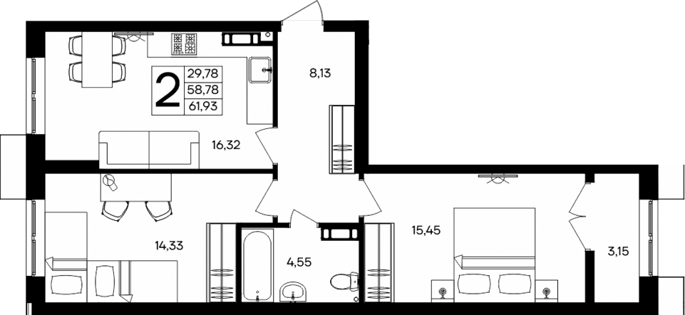 Планировка — Семисчастье, 2-комн., 59 м²