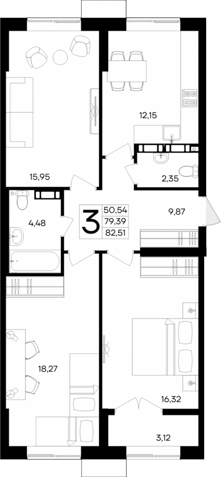 Планировка — Семисчастье, 3-комн., 79 м²