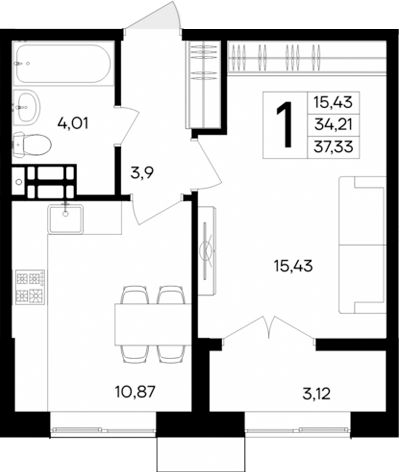 Планировка — Семисчастье, 1-комн., 34 м²