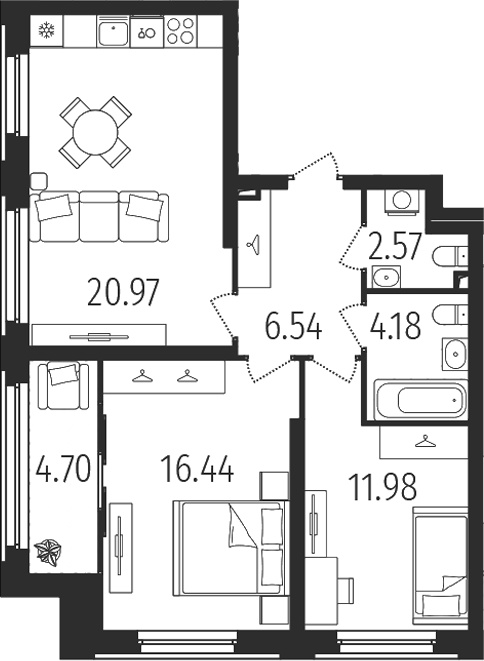 Планировка — Динамика, 2-комн., 63 м²