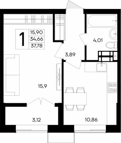 Планировка — Семисчастье, 1-комн., 35 м²
