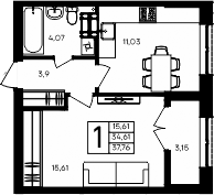Планировка — Семисчастье, 1-комн., 35 м²