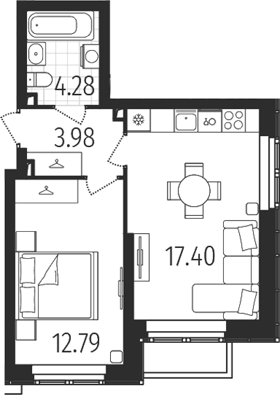 Планировка — Динамика, 1-комн., 38 м²
