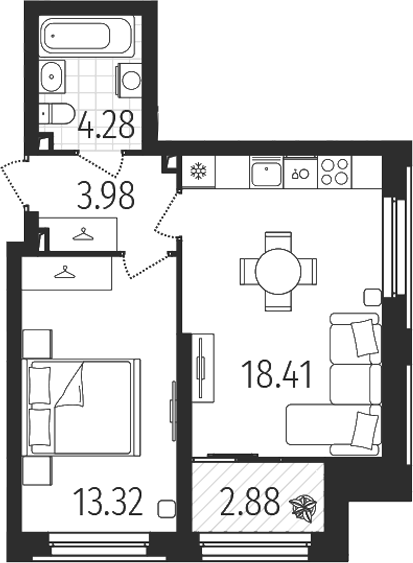 Планировка — Динамика, 1-комн., 40 м²