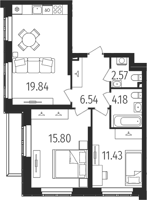 Планировка — Динамика, 2-комн., 60 м²