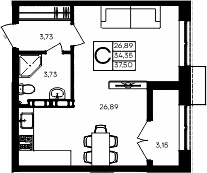 Планировка — Семисчастье, Студия, 34 м²