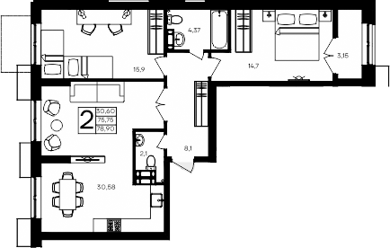 Планировка — Семисчастье, 2-комн., 76 м²