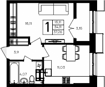 Планировка — Семисчастье, 1-комн., 34 м²