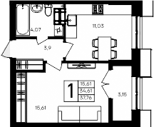 Планировка — Семисчастье, 1-комн., 35 м²