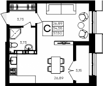 Планировка — Семисчастье, Студия, 34 м²