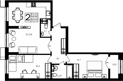 Планировка — Семисчастье, 2-комн., 76 м²