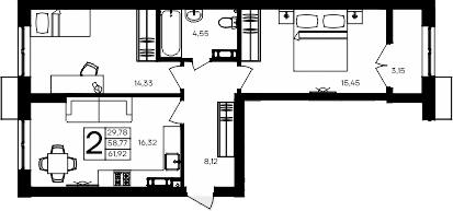 Планировка — Семисчастье, 2-комн., 59 м²