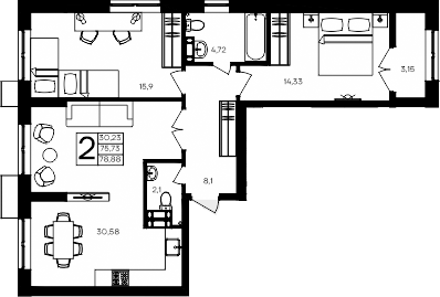 Планировка — Семисчастье, 2-комн., 76 м²