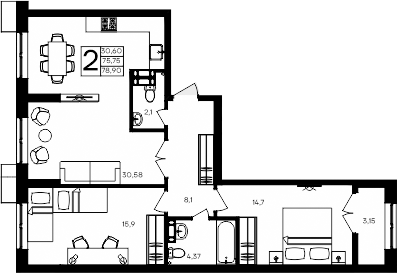 Планировка — Семисчастье, 2-комн., 76 м²