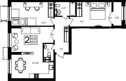Планировка — Семисчастье, 2-комн., 76 м²