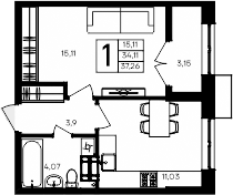 Планировка — Семисчастье, 1-комн., 34 м²