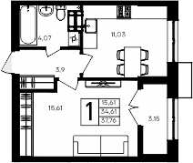 Планировка — Семисчастье, 1-комн., 35 м²