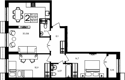 Планировка — Семисчастье, 2-комн., 76 м²