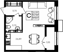 Планировка — Семисчастье, Студия, 34 м²