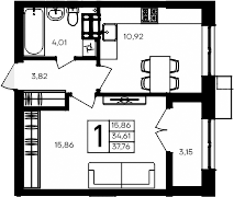 Планировка — Семисчастье, 1-комн., 35 м²