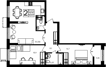Планировка — Семисчастье, 2-комн., 76 м²